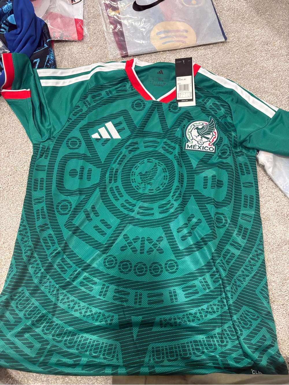 adidas Green Mexico Aztec Pattern Soccer Jersey World Cup SLIM FIT KIT
